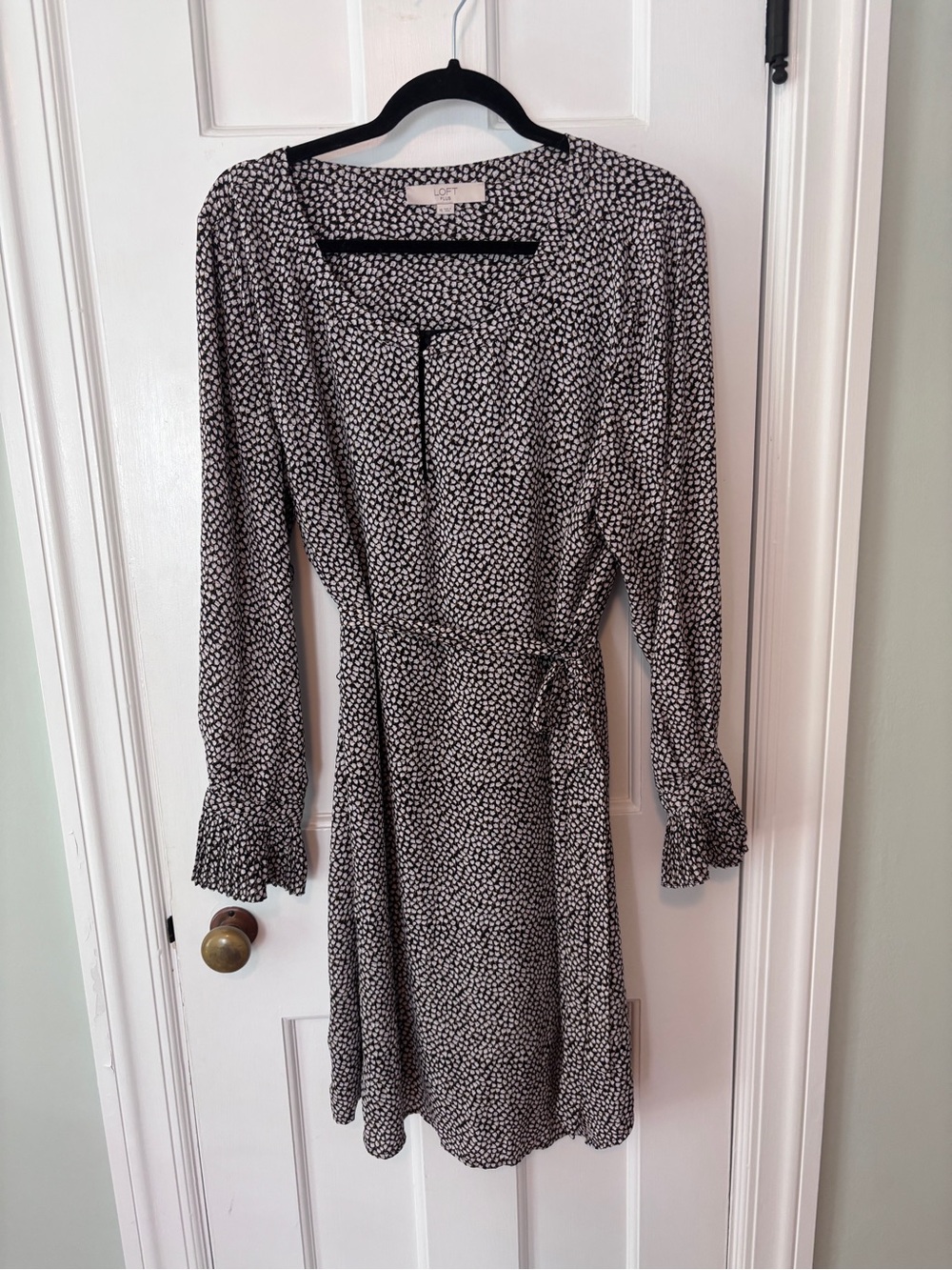 LOFT Black and White Printed Long-Sleeve Wrap-Style Dress